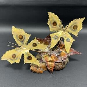 Vintage 9" Metal Butterfly Sculpture Curtis Jere Style Brass w/ Burl Wood Base